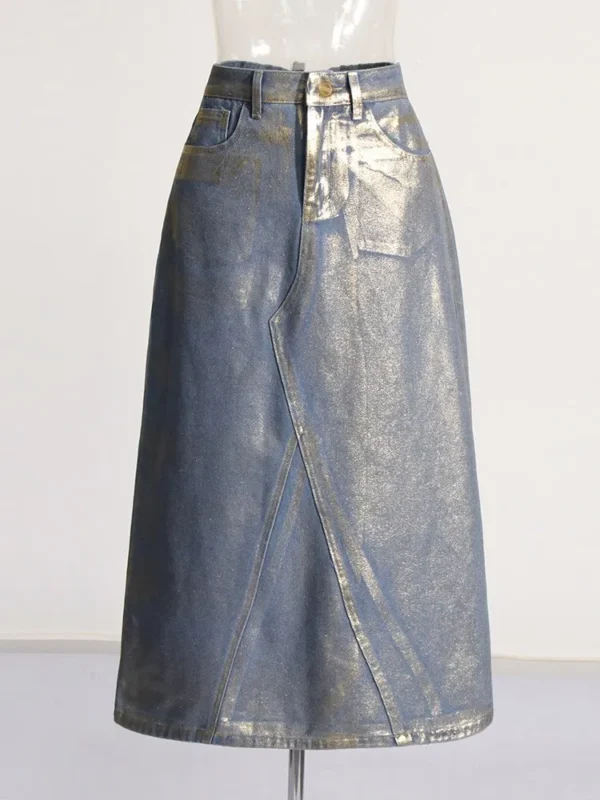 Colorblock Patchwork Pockets Casual Denim Skirts For Women High Waist Spliced Button Temperament A Line Skirt Female Fashion - Image 3