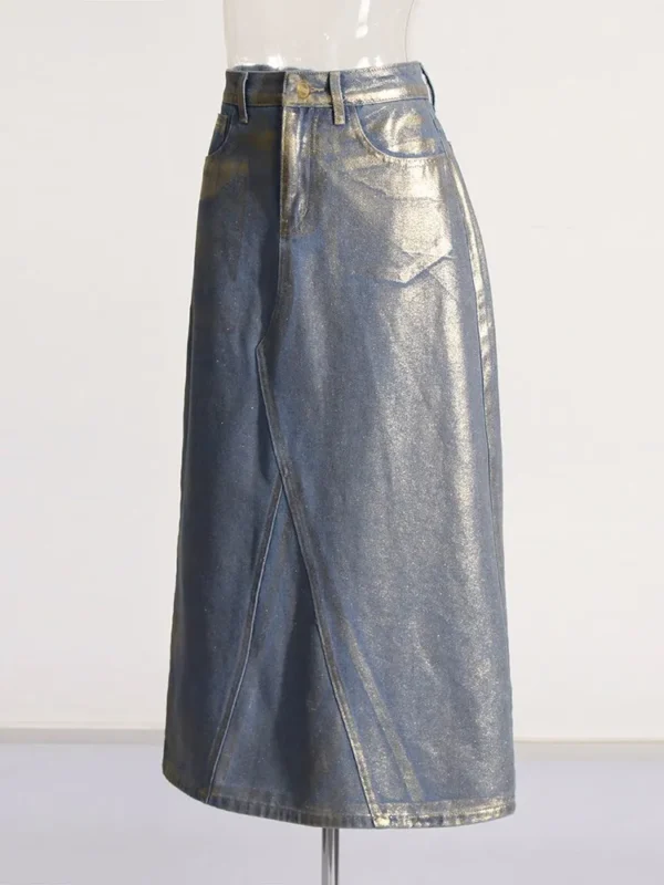 Colorblock Patchwork Pockets Casual Denim Skirts For Women High Waist Spliced Button Temperament A Line Skirt Female Fashion - Image 4
