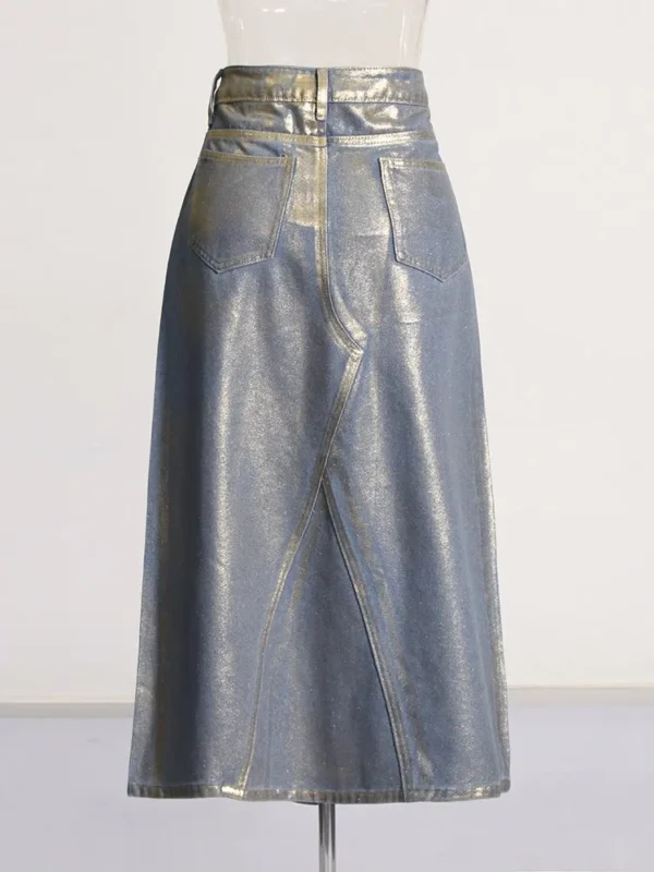 Colorblock Patchwork Pockets Casual Denim Skirts For Women High Waist Spliced Button Temperament A Line Skirt Female Fashion - Image 5