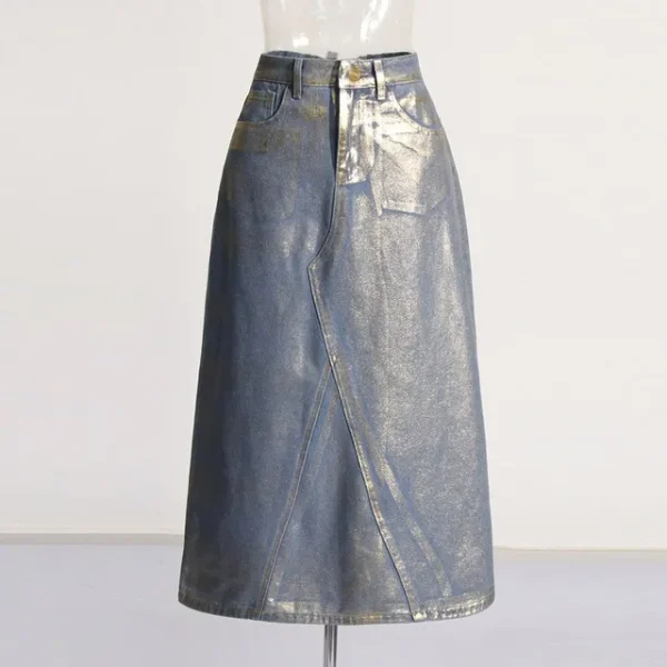 Colorblock Patchwork Pockets Casual Denim Skirts For Women High Waist Spliced Button Temperament A Line Skirt Female Fashion - Image 2